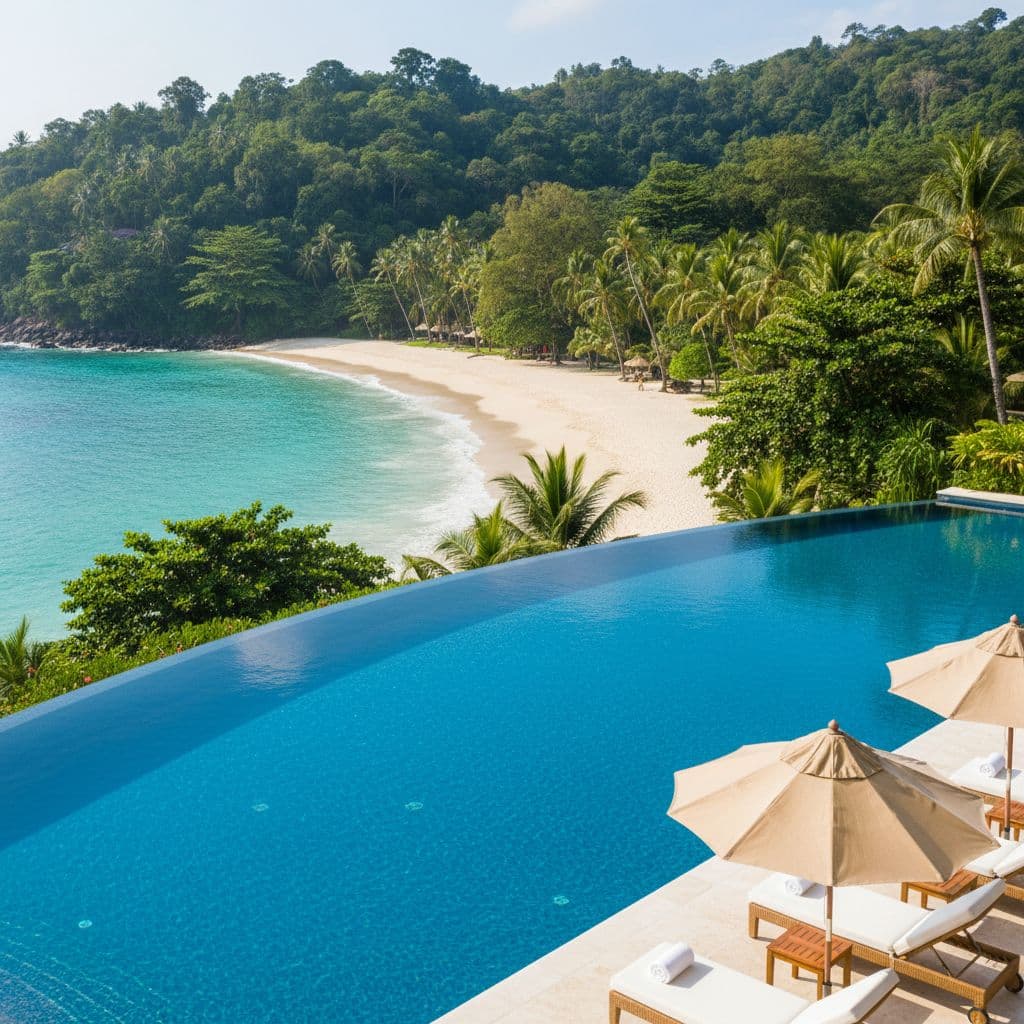 A crystal blue infinity pool stretches toward a sandy beach lined with swaying palm trees with empty lounge chairs and open umbrellas providing comfortable seating.