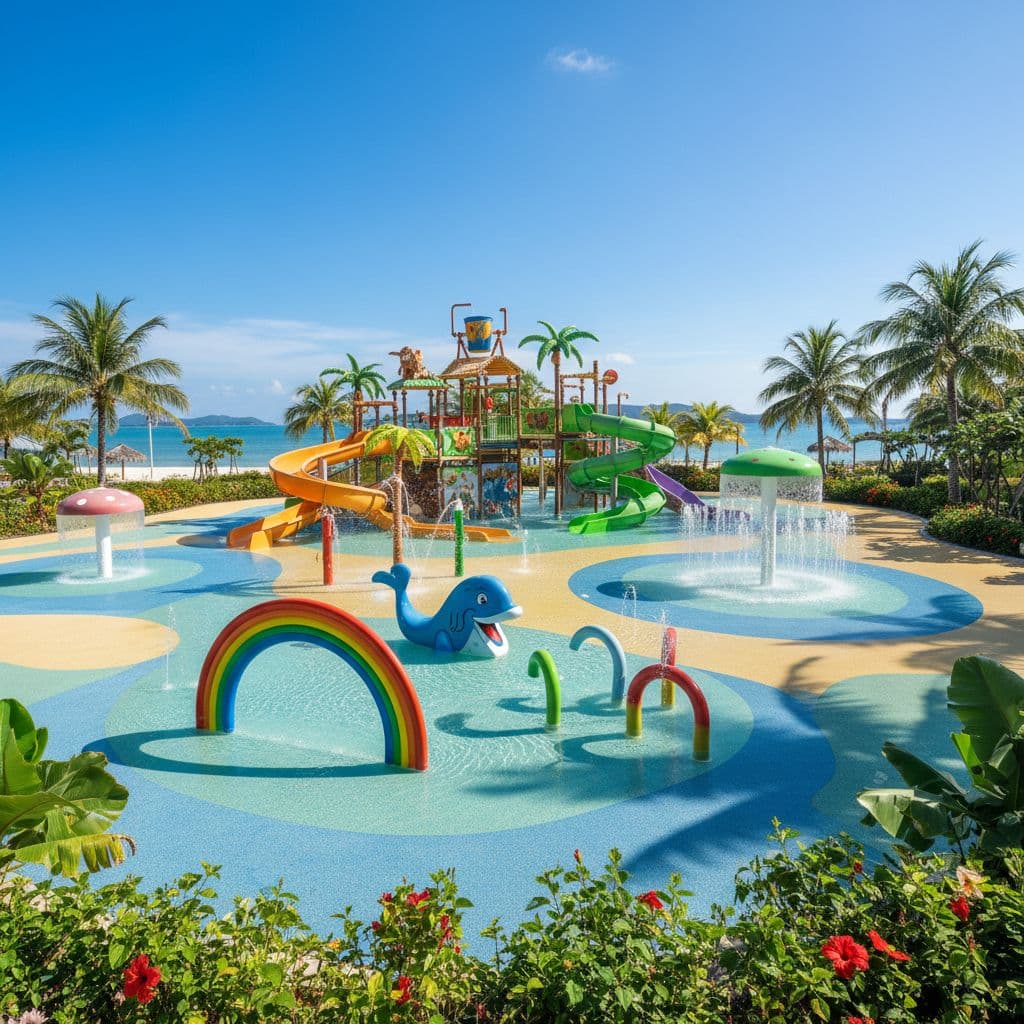 A vibrant water playground features slides and fountains in shallow pools at a tropical resort.