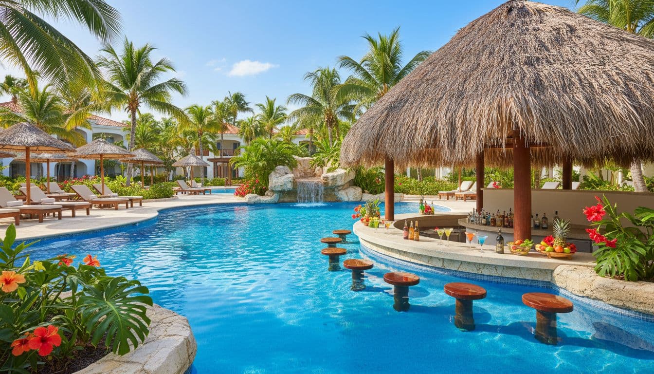 A sunny resort swimming pool featuring an integrated bar surrounded by lush tropical plants.