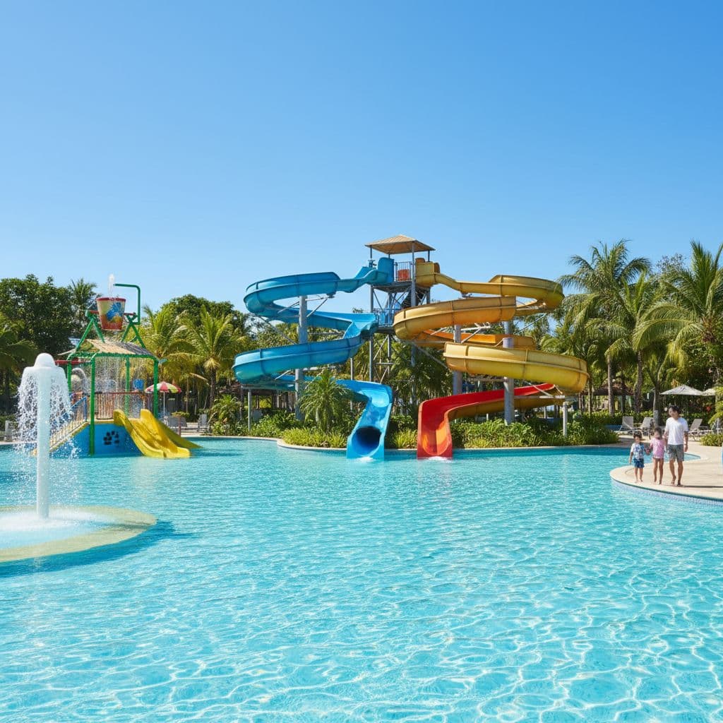 Bright tropical water park featuring colorful slides, a large swimming pool, and a sunny splash zone area.