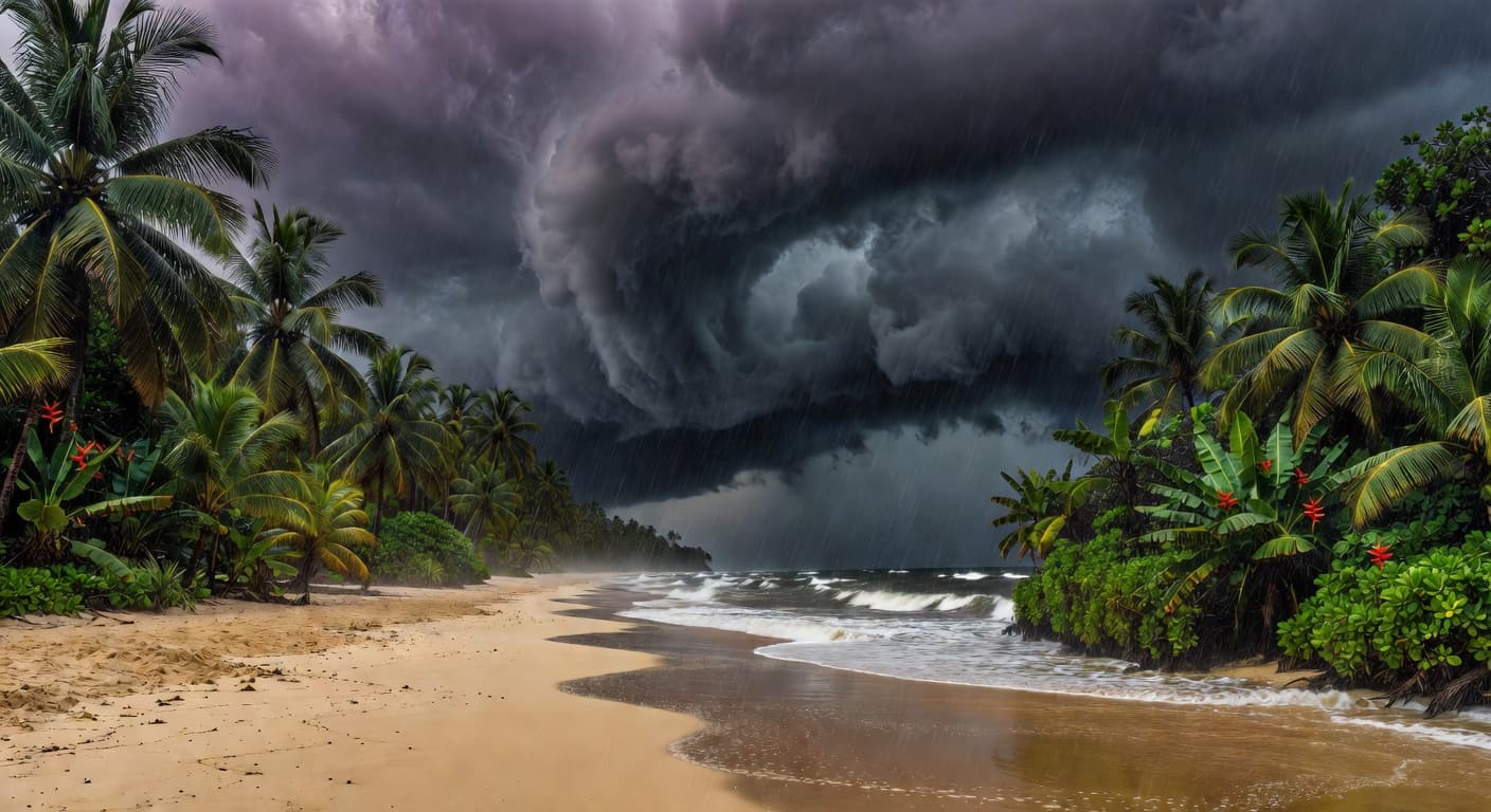 Dark heavy storm clouds hang over a tropical beach as rain streaks fall in the distance with churning ocean waves lapping against the sandy shore under an ominous moody sky.