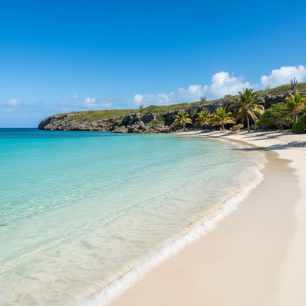 A pristine tropical beach in Curaçao with bright sunlight illuminating calm, shallow turquoise water washing over clean white sand.