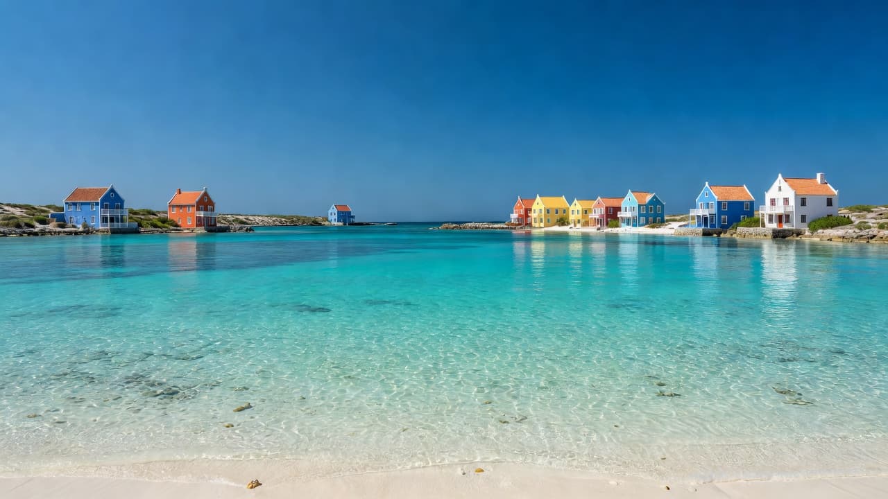 Bright turquoise water gently laps at the shore of a quiet bay while rows of colorful Dutch-colonial houses line the distant harbor under a brilliant sunny blue sky.