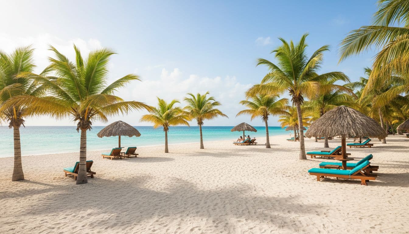 Turquoise waters and white sand beach with scattered palms, empty lounge chairs, umbrellas, and one distant couple on sunny day with light clouds.