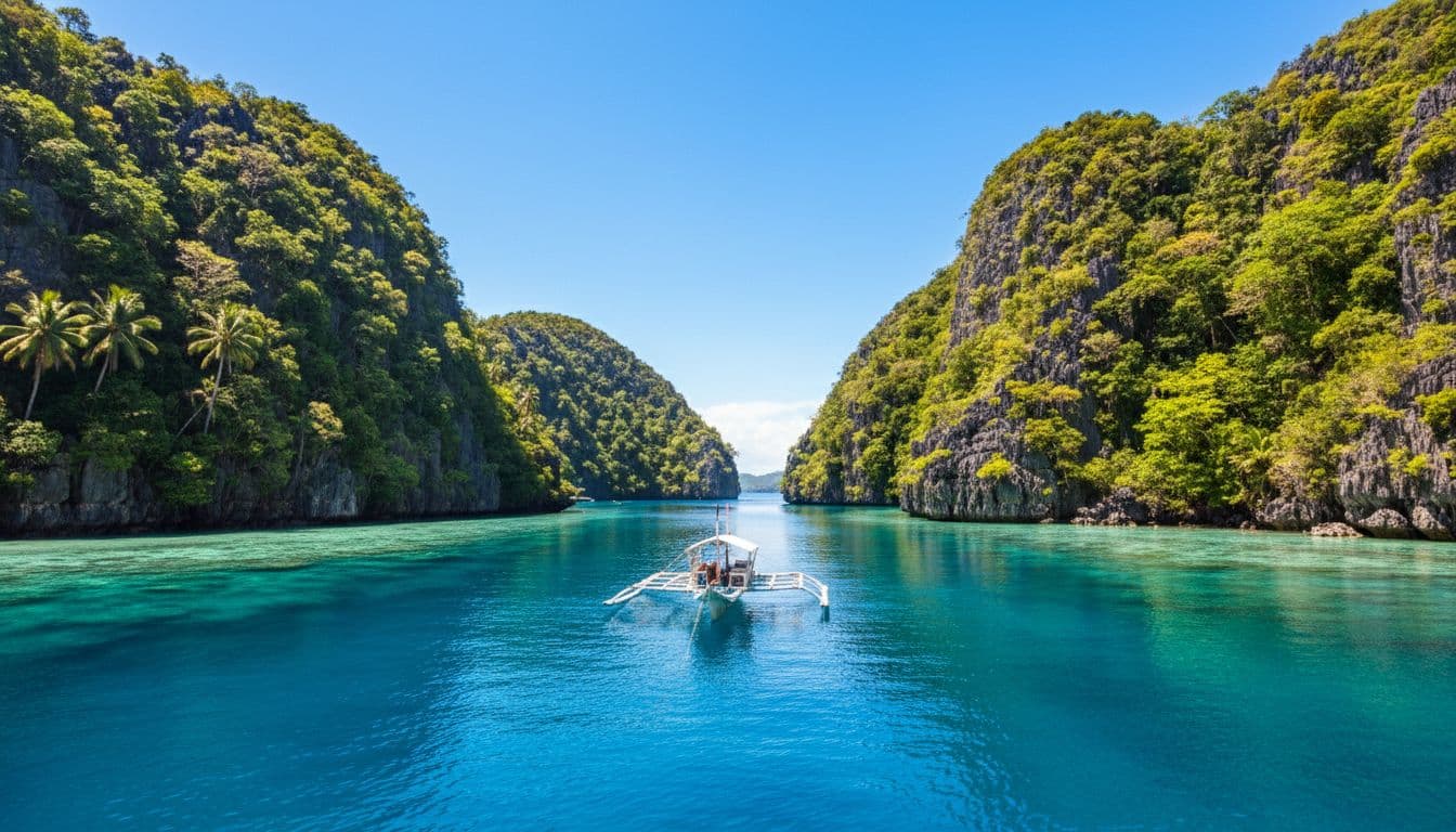 Traditional outrigger boat in turquoise lagoon surrounded by limestone cliffs and lush greenery.