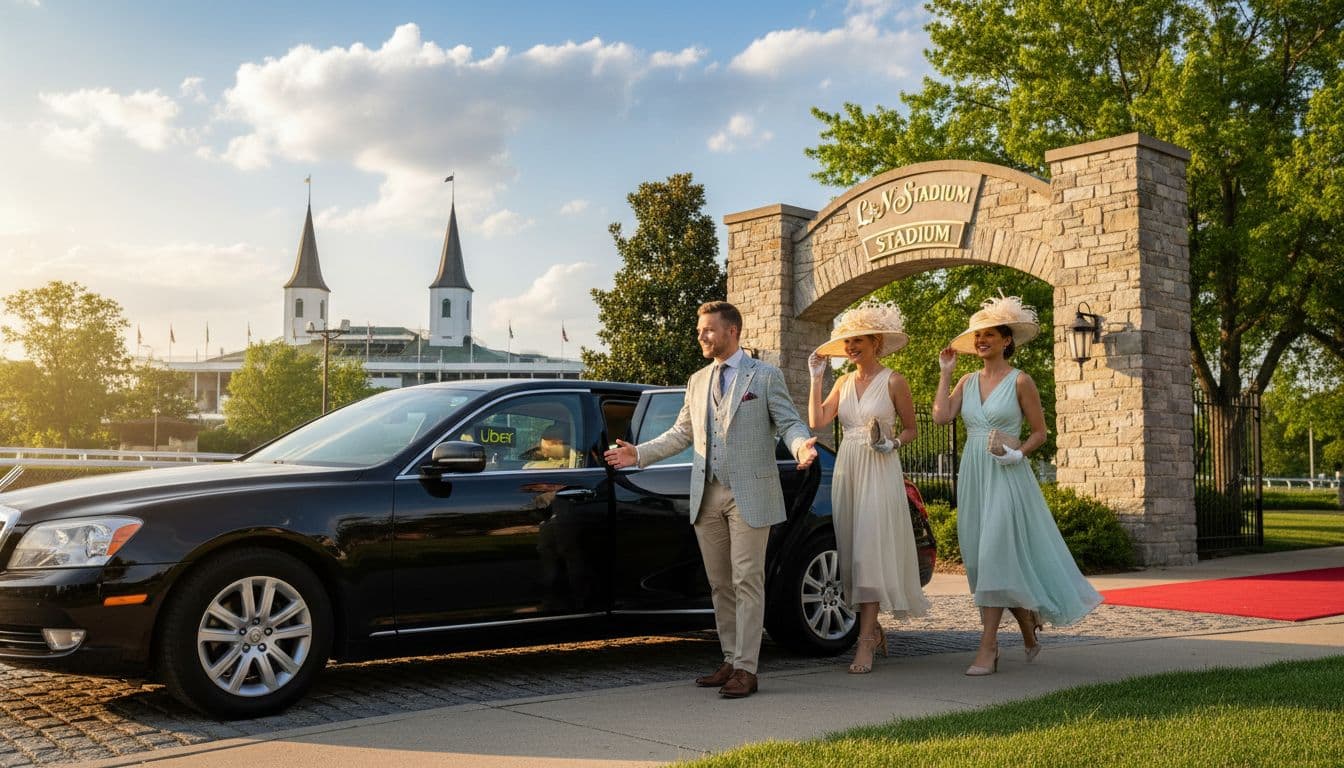 Uber rideshare car dropping off three elegantly dressed Derby attendees—two women in hats and dresses, one man in suit—at L&N Stadium near Churchill Downs entrance on a sunny afternoon, twin spires in background, photorealistic warm spring light.
