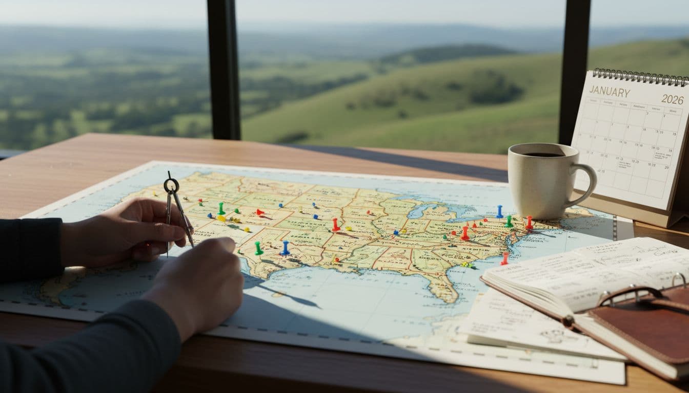 Hands pinning top U.S. stops on a 2026 trip planner map – custom travel planning via Expedia