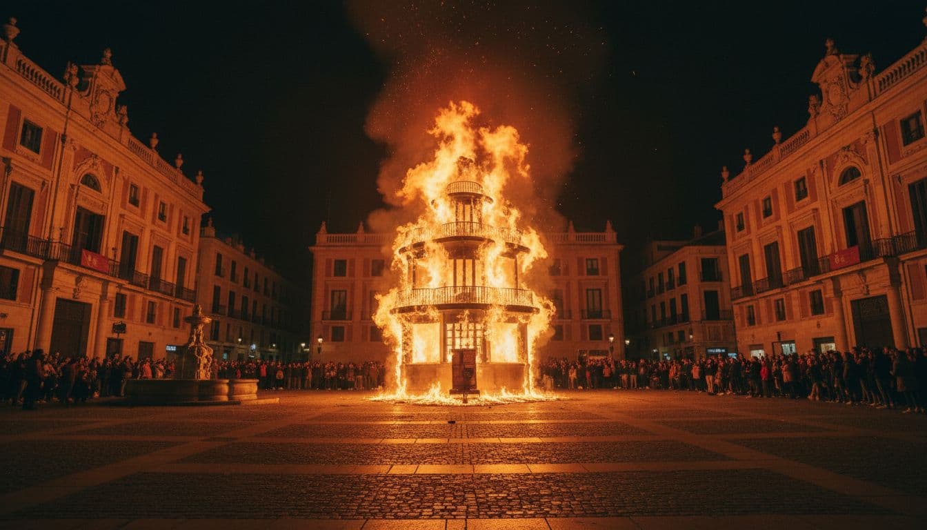 Huge falla sculpture burning intensely at night in a Valencia plaza during La Cremà, flames and smoke rising high, distant crowd of 50-100 silhouetted against dramatic orange glow illuminating historic buildings.
