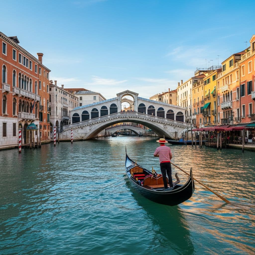 Venetian gondola passing under Rialto Bridge in daylight