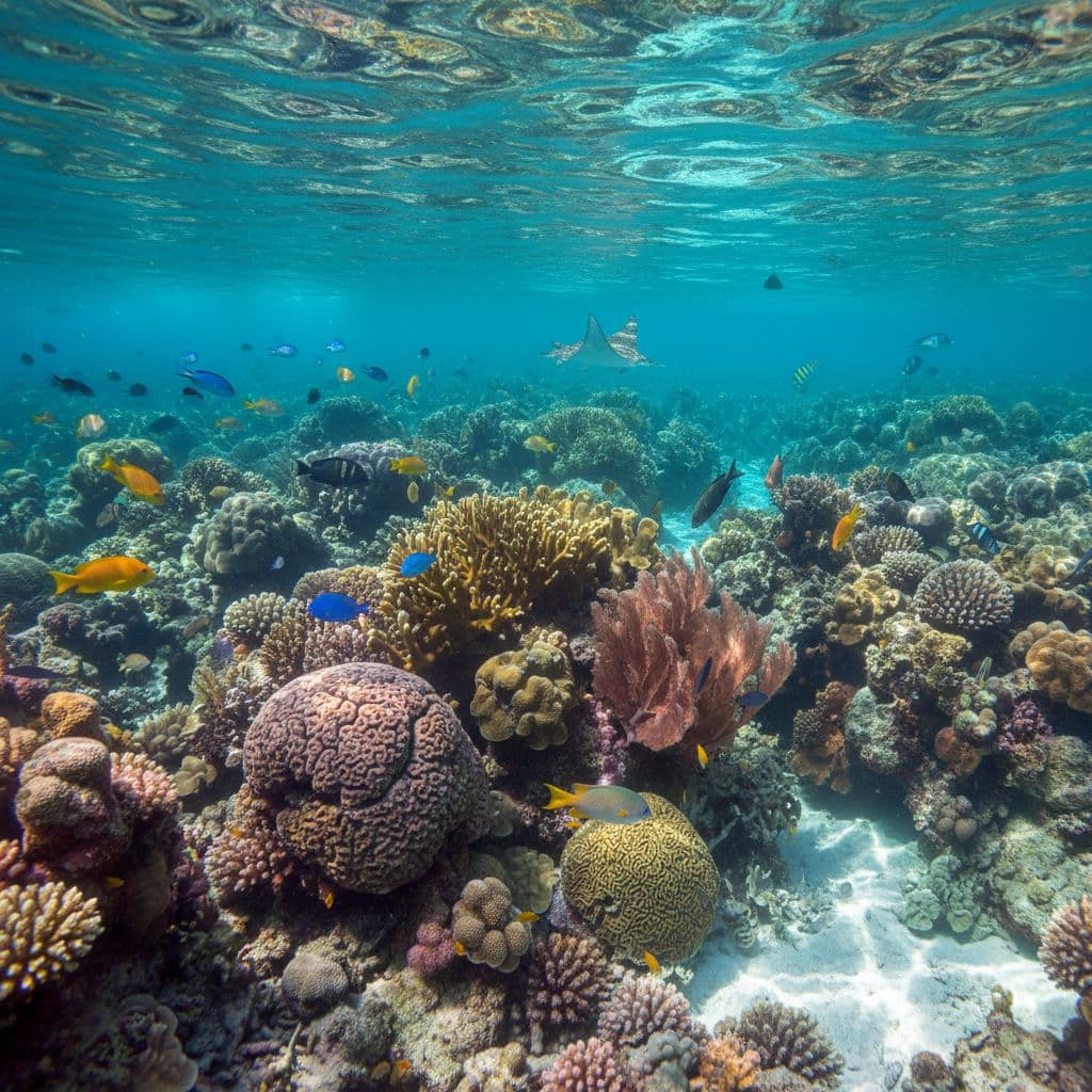 A vibrant underwater coral reef in the Caribbean with colorful fish swimming among textured polyps under shimmering sunlight.