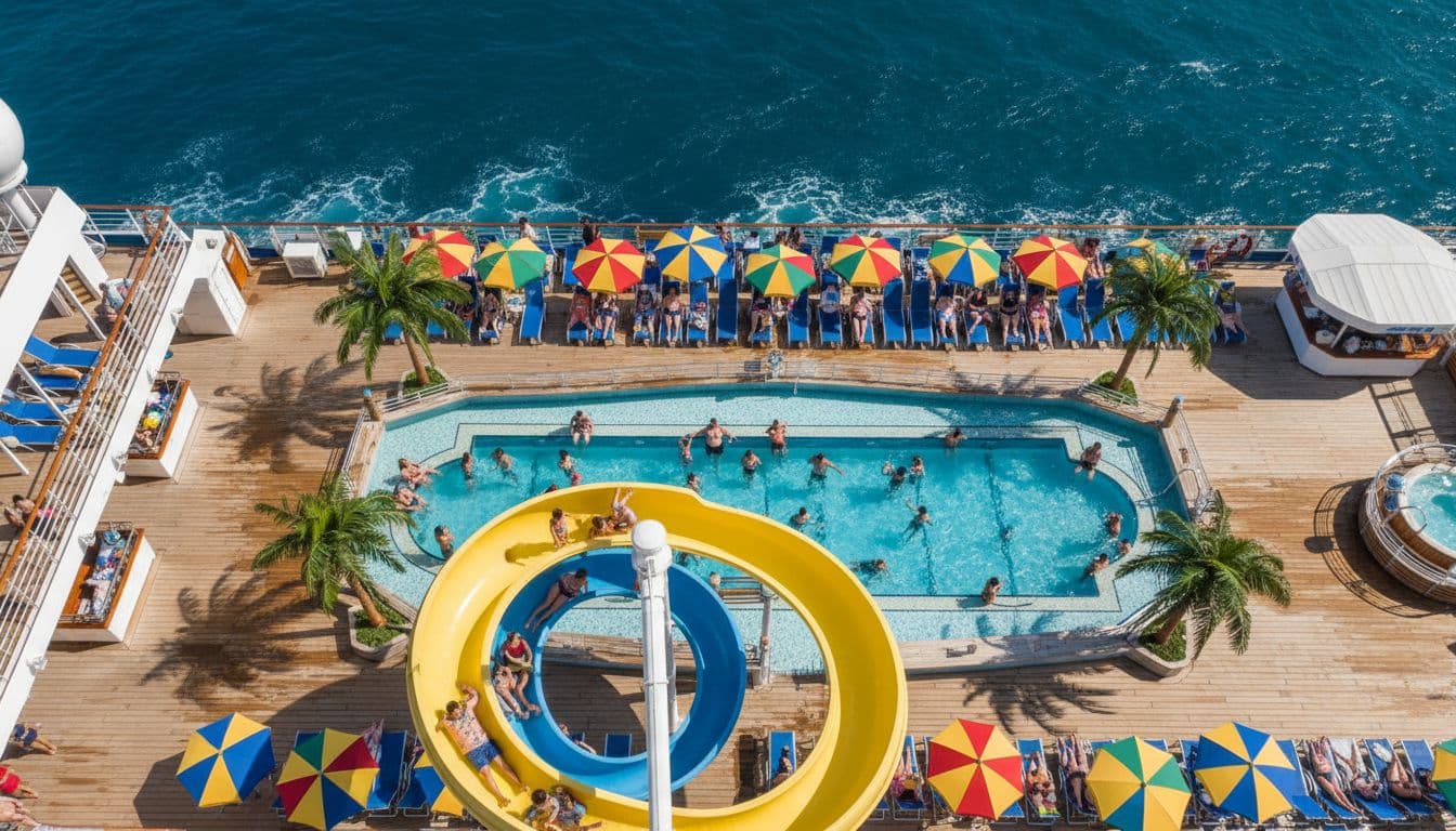 Lively standard cruise ship deck with activities