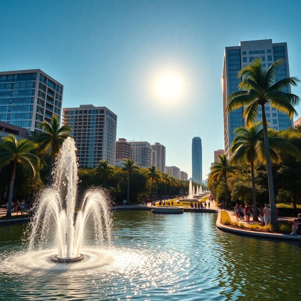 Downtown Orlando with Lake Eola Park and festive holiday lights, ideal for family December travel