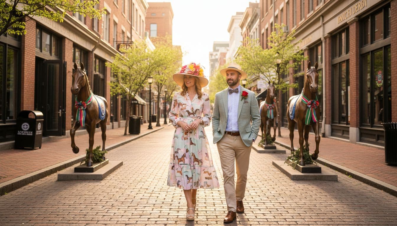 Vibrant downtown Louisville street during spring Derby season shows historic buildings with restaurants and bars, a man and woman in colorful Derby outfits walking casually with relaxed poses near horse sculptures, under sunny afternoon light in photorealistic style.