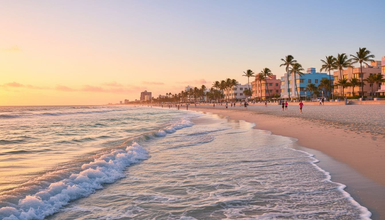 Vibrant South Beach sunrise with Art Deco buildings and palm trees, ideal for planning the best time to visit Miami 2026