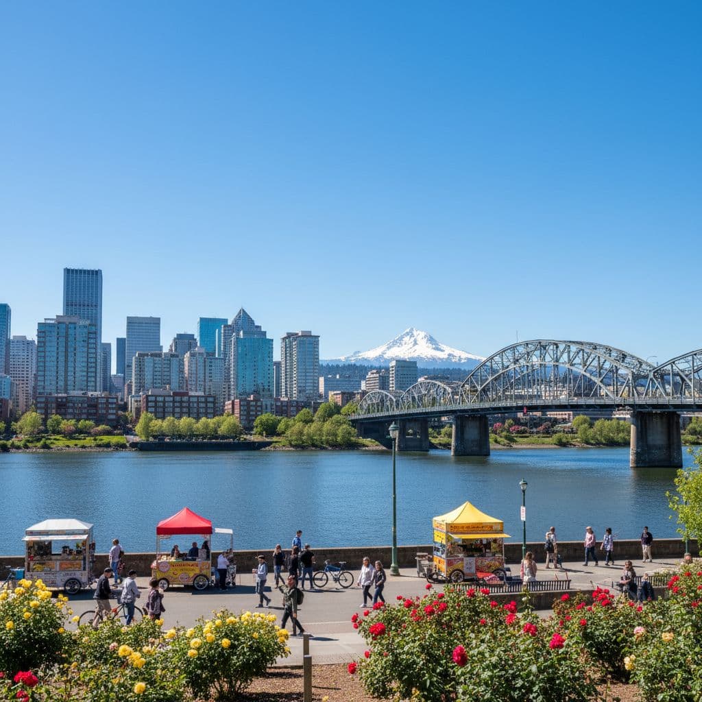 Portland skyline with Mount Hood in the distance, creative December family getaway with markets and lights