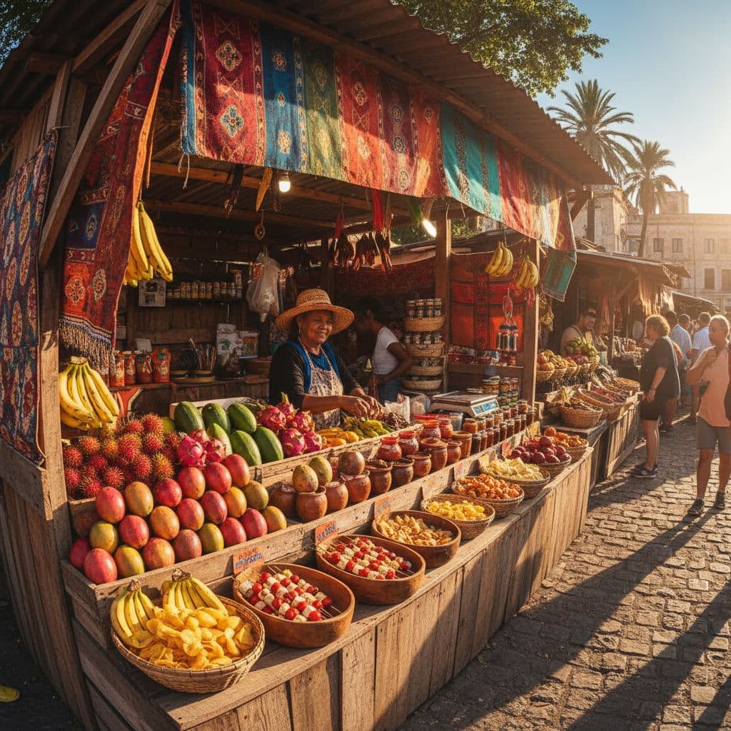 A sunlit market stall displays colorful fresh fruits and local goods under warm daylight.