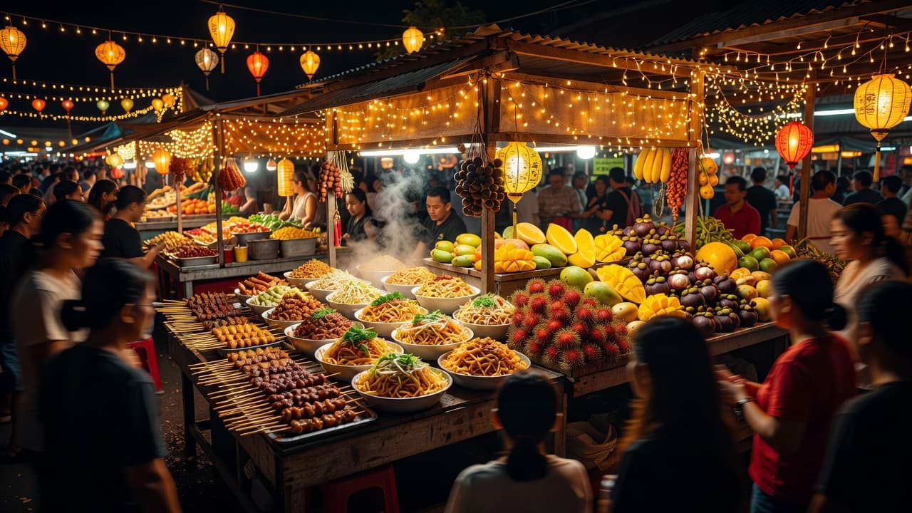 Brightly lit stalls overflow with colorful skewers, steaming noodle bowls, and tropical fruits under warm hanging lights in a bustling Thai night market.