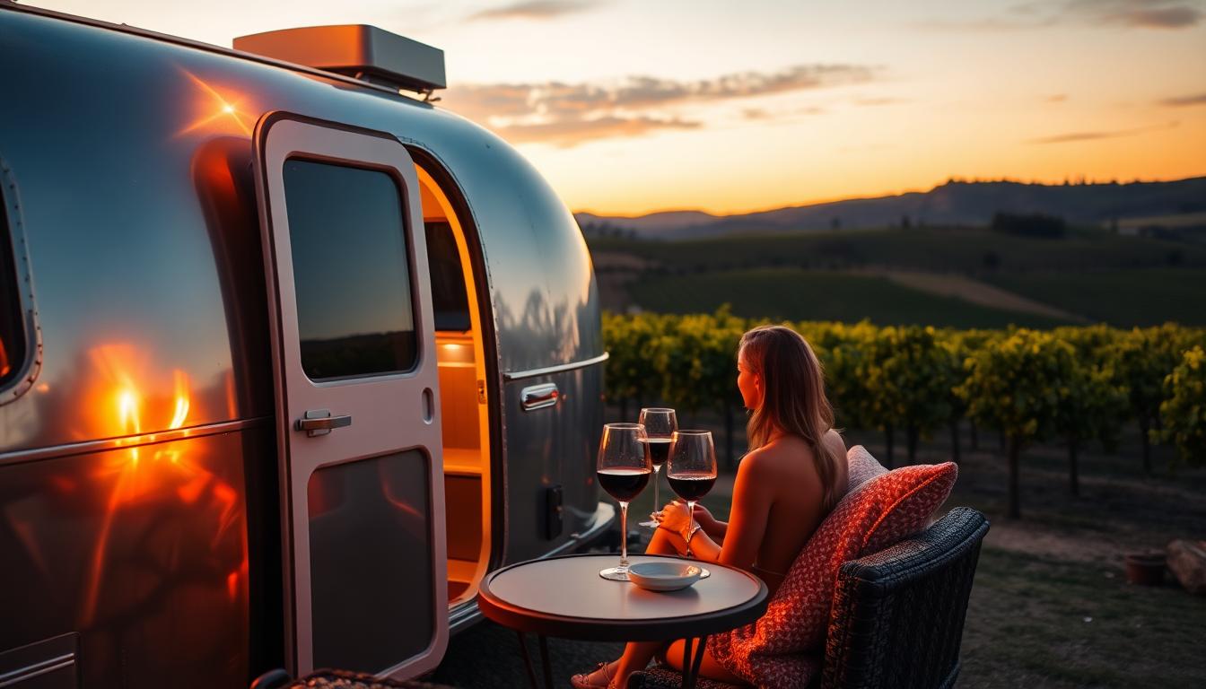 A couple enjoying a sunset toast outside their vintage Airstream in a scenic Napa Valley vineyard, glowing string lights and glasses of wine visible. Image created with AI.