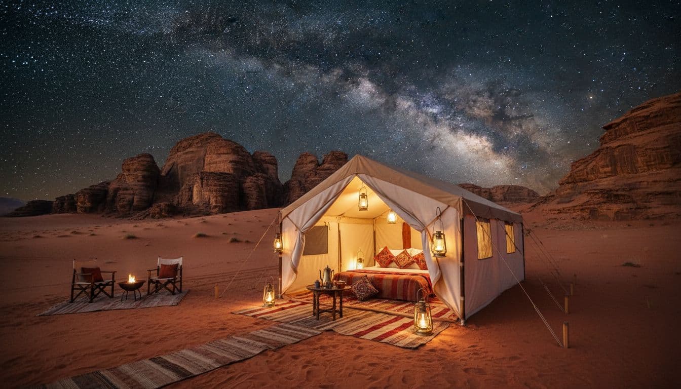 Luxury glamping tent in Wadi Rum desert at night under starry sky, cozy interior with lanterns and rugs visible through open flaps amid red dunes and rocks.