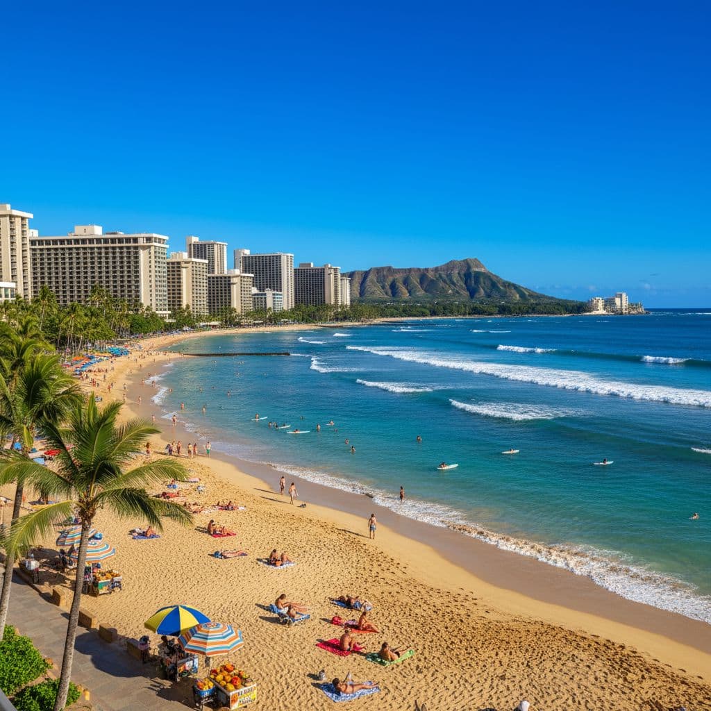 Waikiki Beach in Honolulu with Diamond Head at sunset, warm December getaway for families