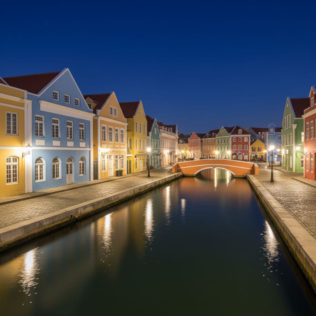 Vibrant colonial buildings with glowing windows lining a dark canal in Willemstad at night, casting colorful reflections on the water.