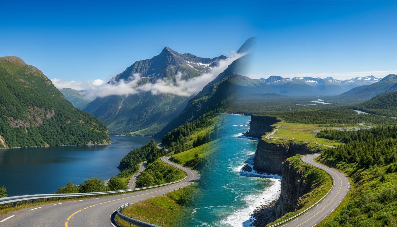 Winding road curves through Norwegian fjords, misty Alps, Irish cliffs, and Alaskan wilderness under clear skies.