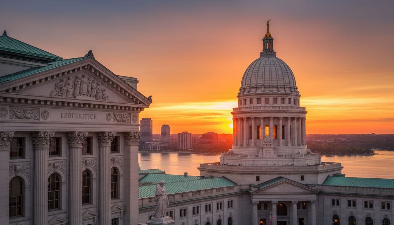 Best tourist sites in Madison WI 2026 via Expedia. Wisconsin State Capitol at sunset with lakes in the background.
