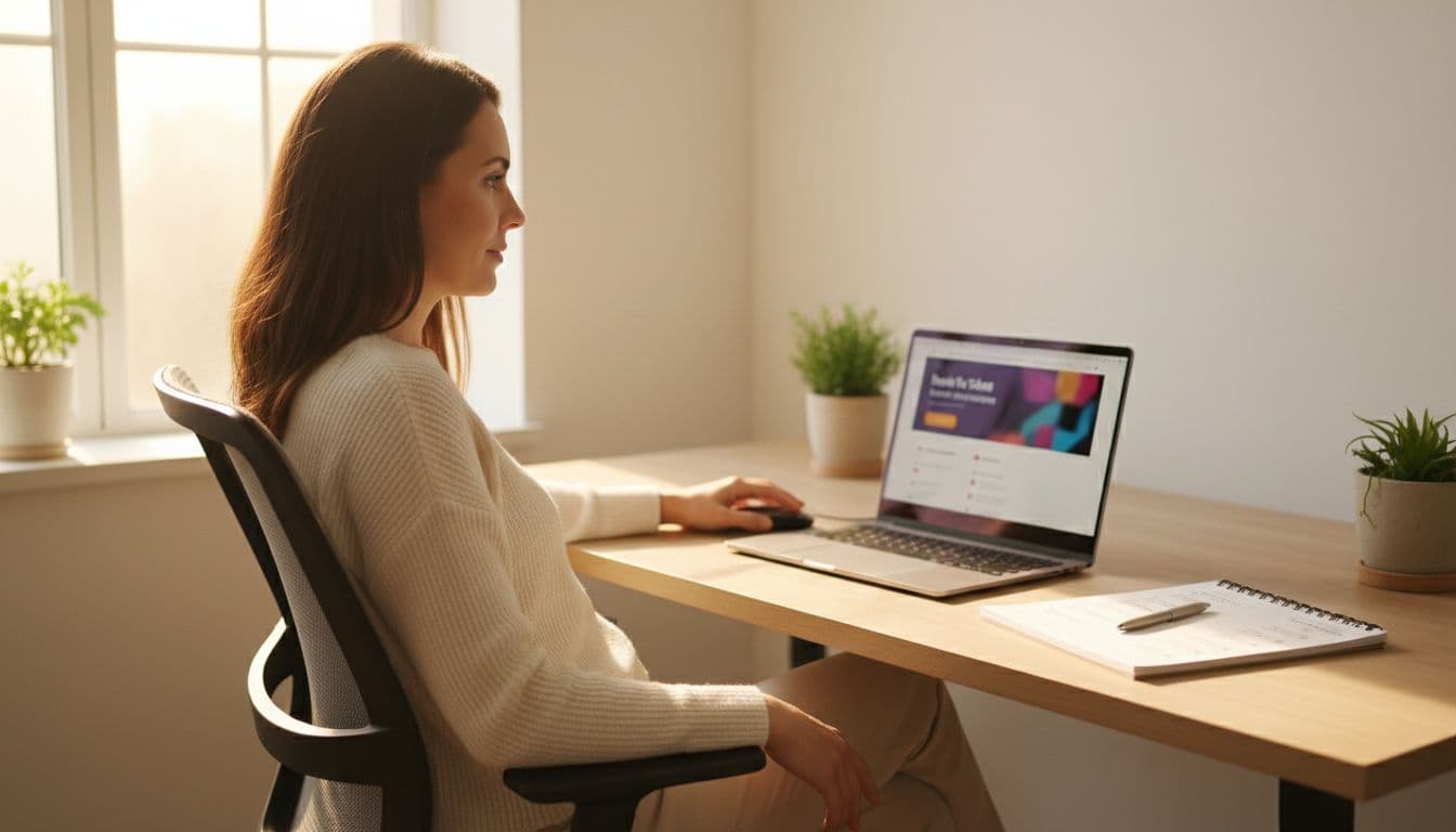 Confident traveler woman in her 30s at home desk with laptop on secure ticket site, relaxed with mouse and notepad checklist, soft natural light in modern office, photorealistic warm tones.