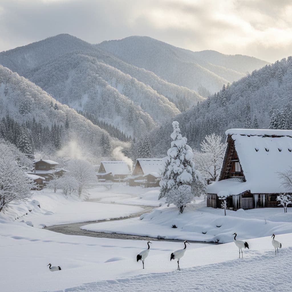 Tohoku region of Japan in deep winter: snow-covered cedar forests, mountains, and traditional village under soft light