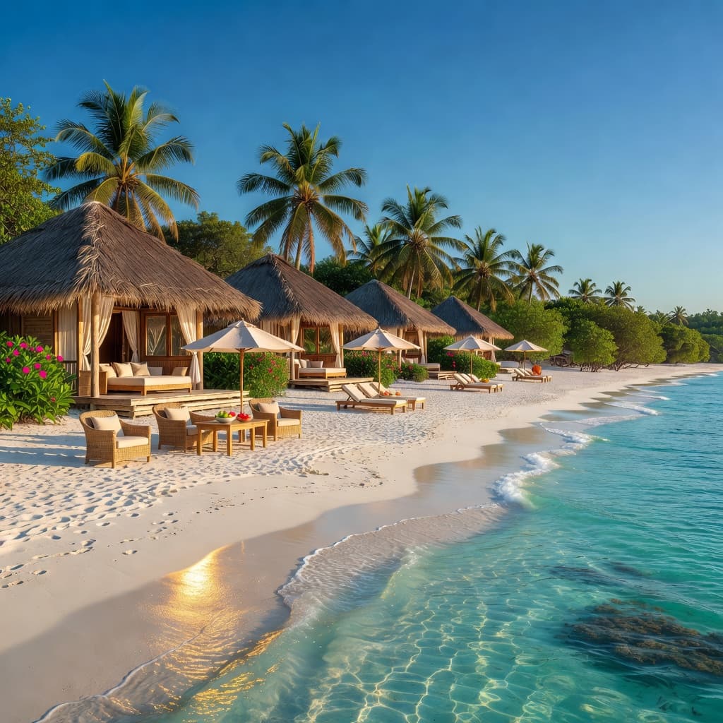 Zanzibar beach resort view with white sand, turquoise water, palm trees, and thatched umbrellas under sunny sky.