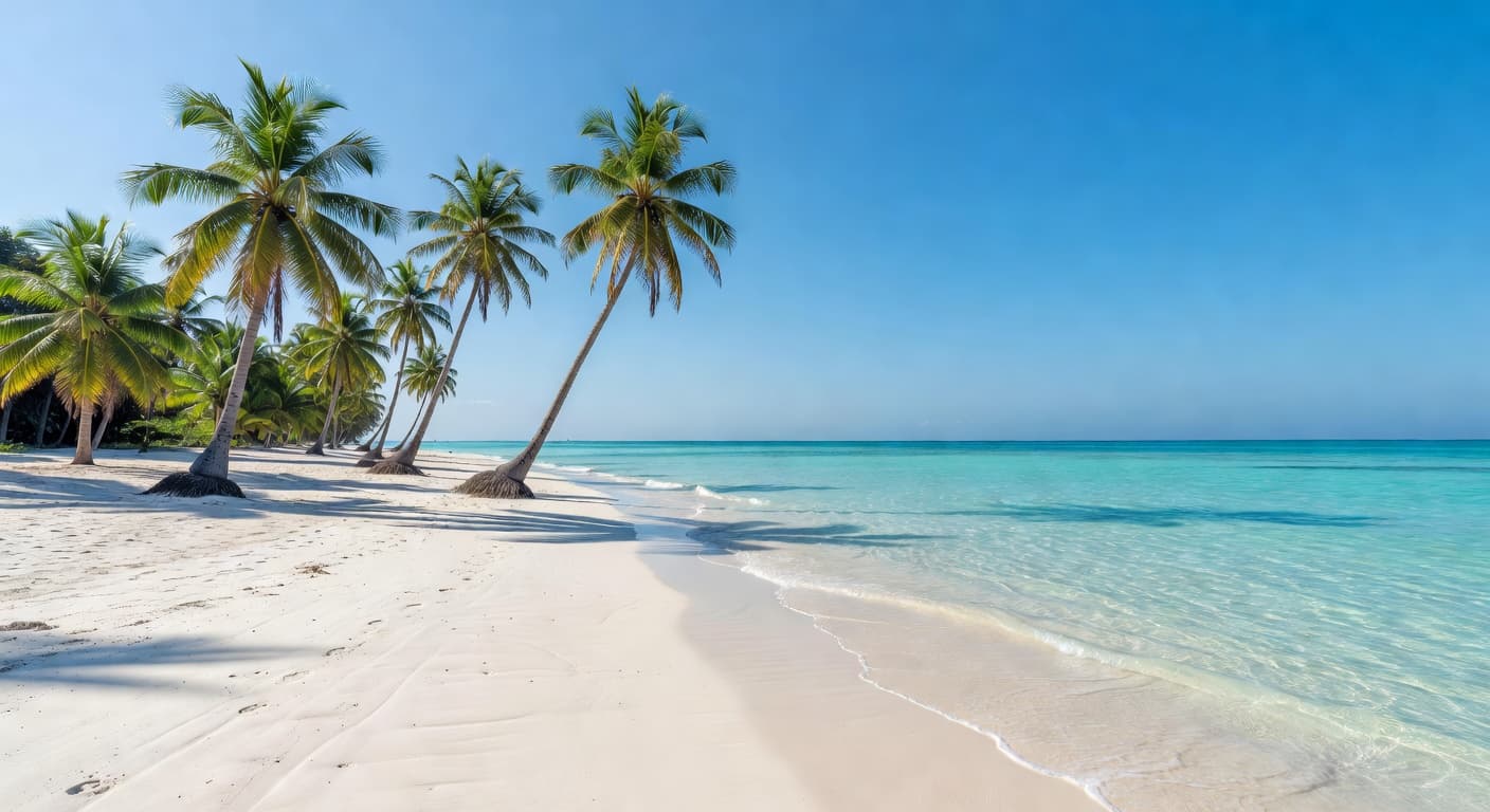Crystal clear turquoise water meets pristine white sand under vast blue sky with tall palm trees leaning gracefully over shoreline casting soft shadows across peaceful coastal landscape.