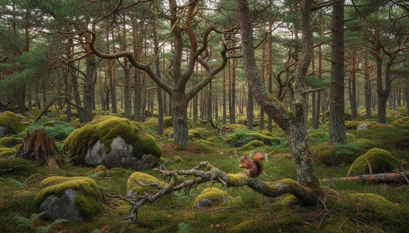 Ancient Caledonian pine forest in Balloch Buie with tall twisted old pines, moss-covered boulders, soft forest floor, and dappled sunlight through dense green canopy. A red squirrel perches on a low branch in the foreground of this wild untouched Scottish woodland.