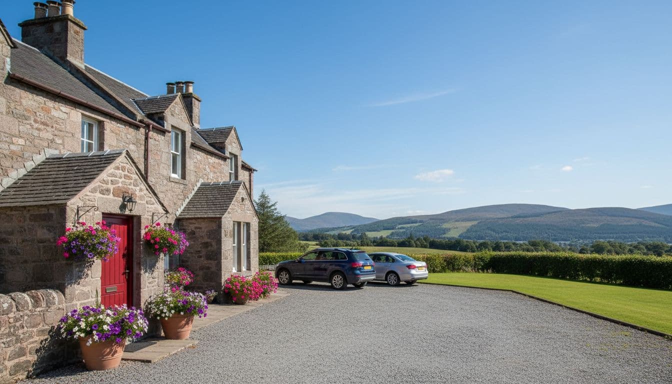 Stone-built Scottish B&B exterior features wide driveway with two parked cars, green lawns, hedges, flowers at door, and distant Highland hills under blue sky.