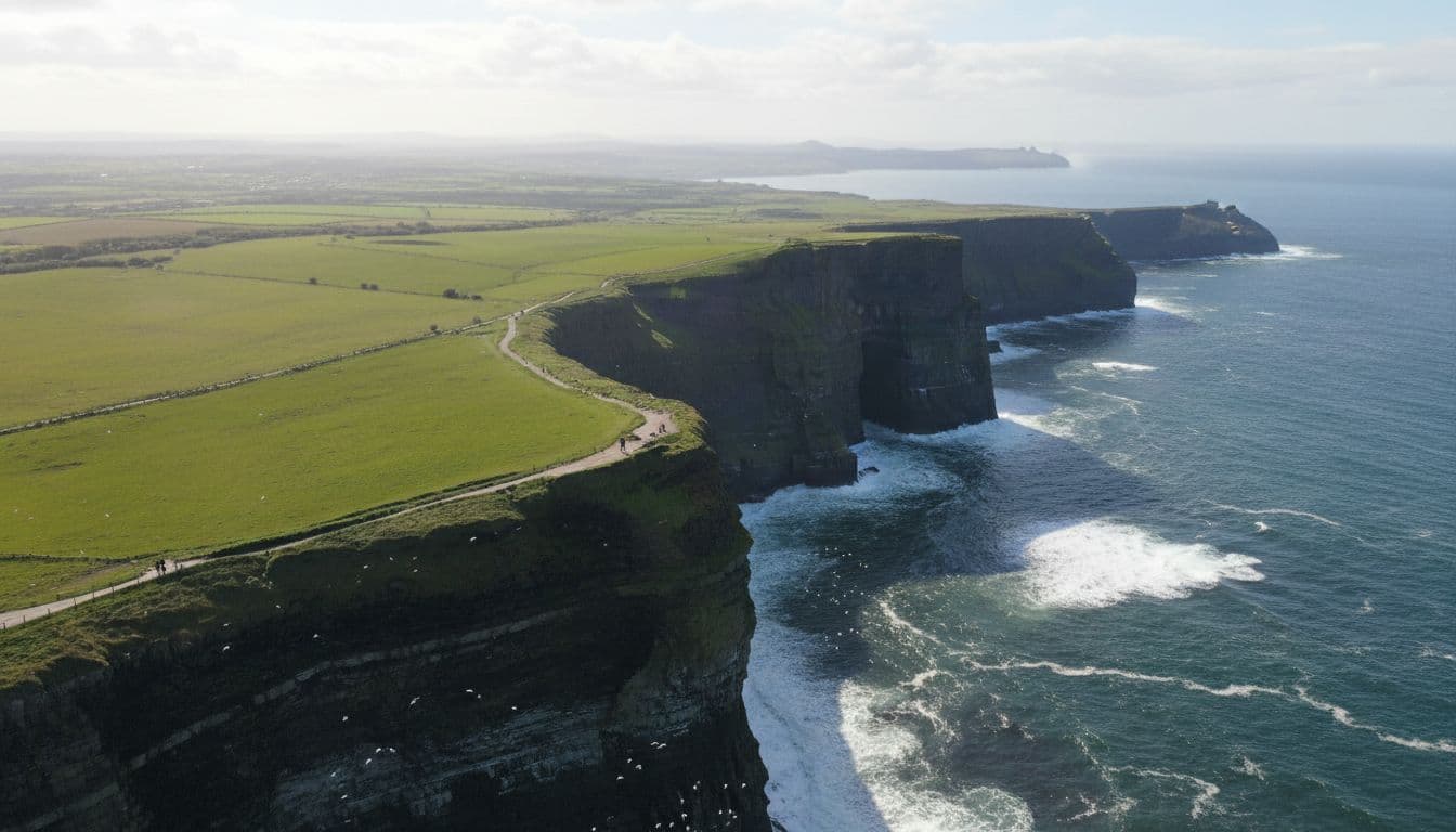 Narrow grassy trail along the dramatic 200m high Cliffs of Moher sea cliffs near Lahinch, Ireland, dropping to crashing Atlantic waves, with one solo hiker in the distance, green fields inland, hazy Aran Islands on horizon, seabirds, and sunlight beams through partly cloudy skies, viewed from above.
