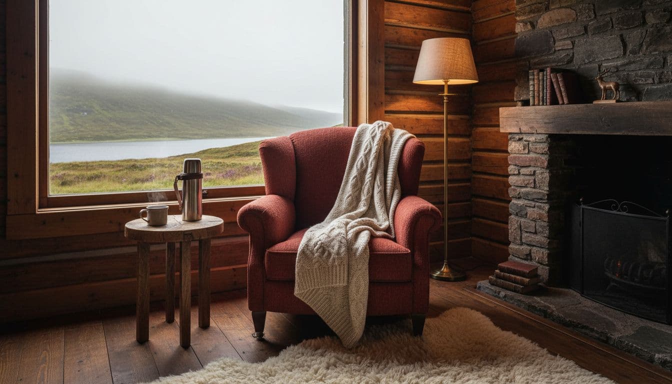 A comfortable armchair with a blanket sits by a window overlooking a misty Scottish landscape.