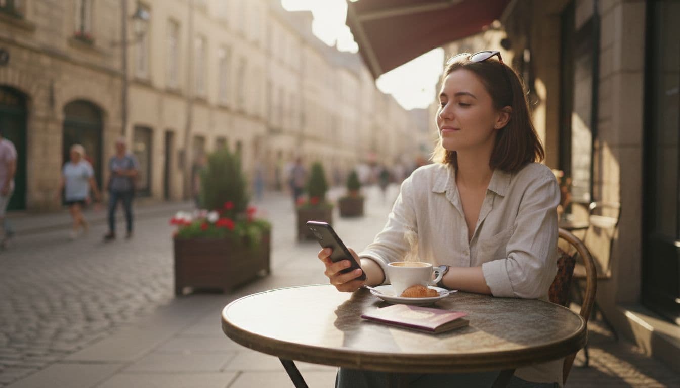 A person sits relaxed at an outdoor cafe table in Europe, casually using a smartphone with a passport nearby, illustrating easy online ETIAS application in photorealistic style with warm natural light.