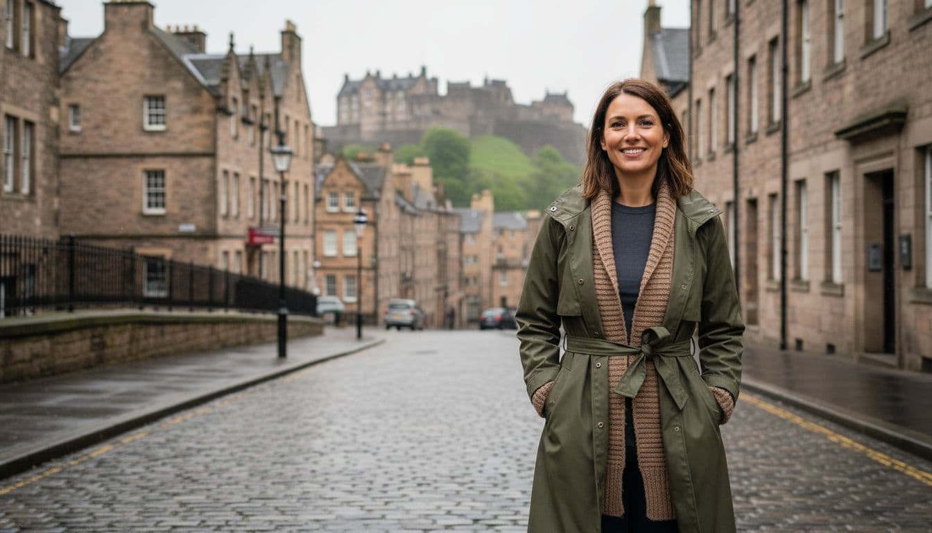 A stylish woman in her 30s smiles confidently on Edinburgh's cobblestone street, wearing a thin merino wool base layer, taupe oversized knit cardigan, and olive green waterproof belted trench coat, with historic buildings and a distant castle in the misty spring rain background.