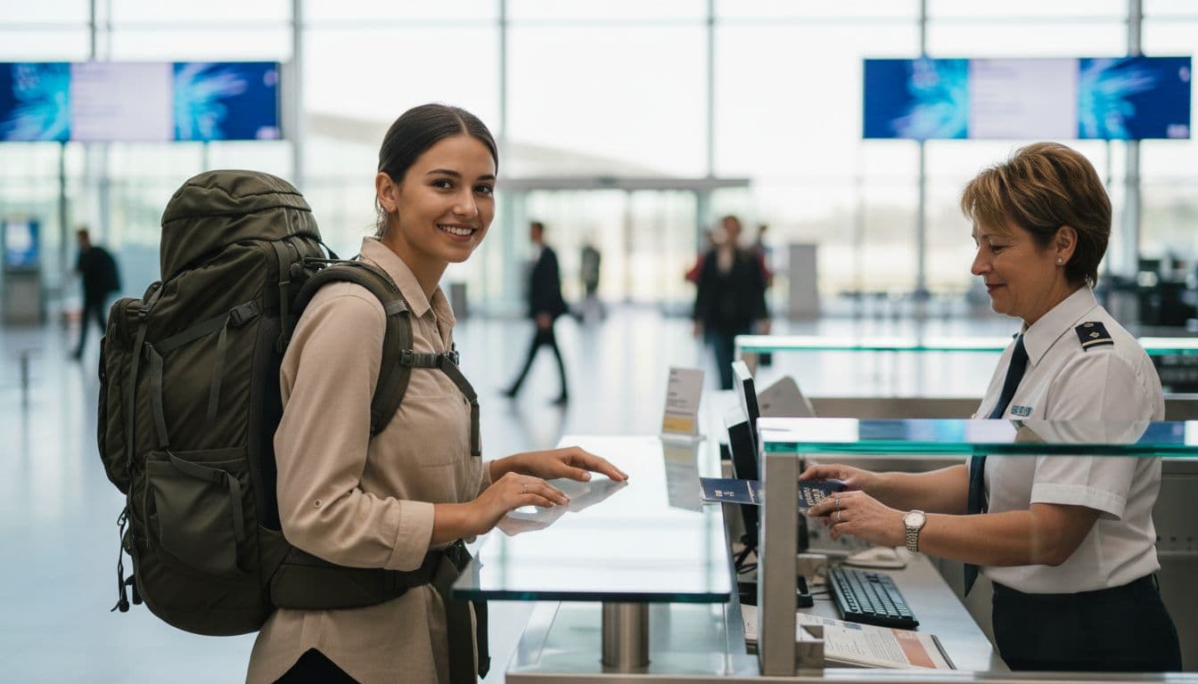 A solo traveler with a backpack stands confidently at a European airport border control desk as an officer scans their passport in a modern terminal with natural daylight.