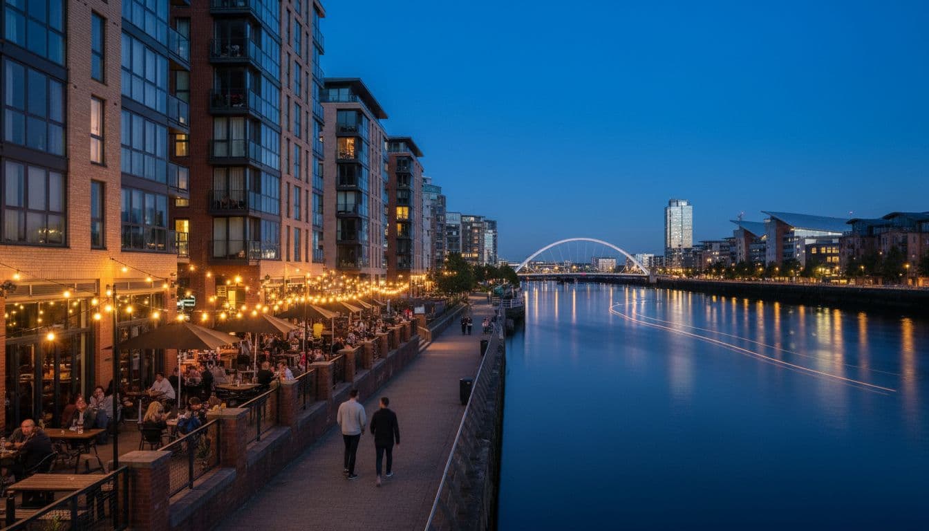 Finnieston neighborhood in Glasgow near River Clyde and SEC at twilight, showing modern apartments, lively bar fronts with outdoor seating, and a couple walking the riverside path in soft blue hour light with water reflections.