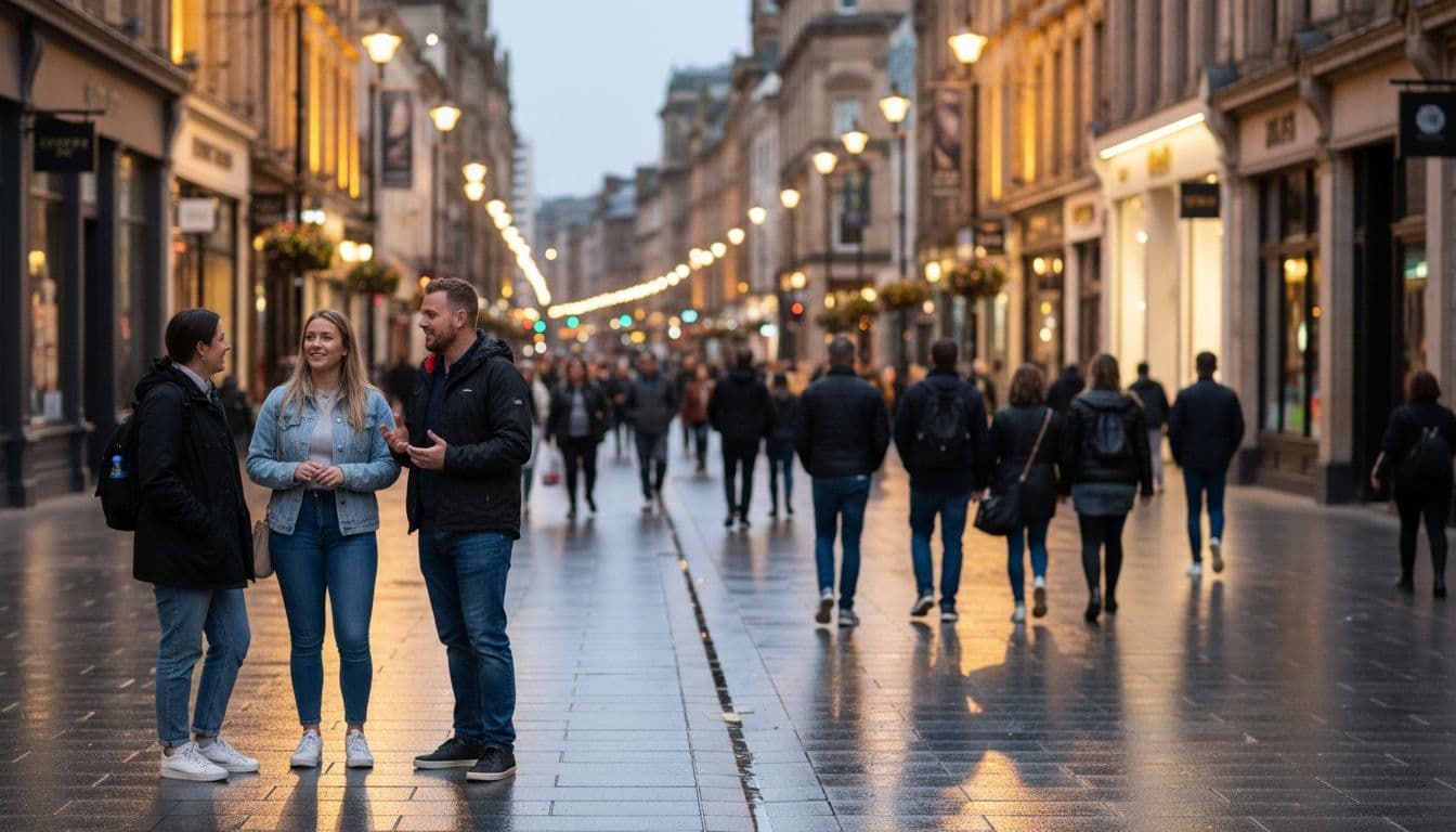 Bustling Glasgow City Centre streets at dusk on Buchanan Street with energetic crowds walking past lit-up pubs and shops, warm golden lighting, and one foreground group of three people.