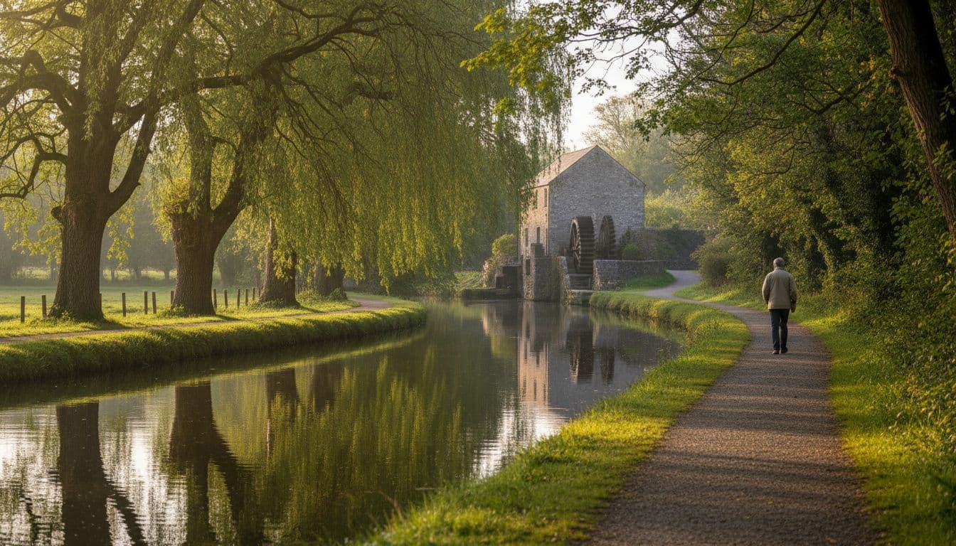 Serene gravel path along the Grand Canal at a historic Irish estate in County Kildare, with calm reflective water, overhanging green trees, distant old stone mill, and soft morning sunlight filtering through leaves; one person walking slowly in the far distance.