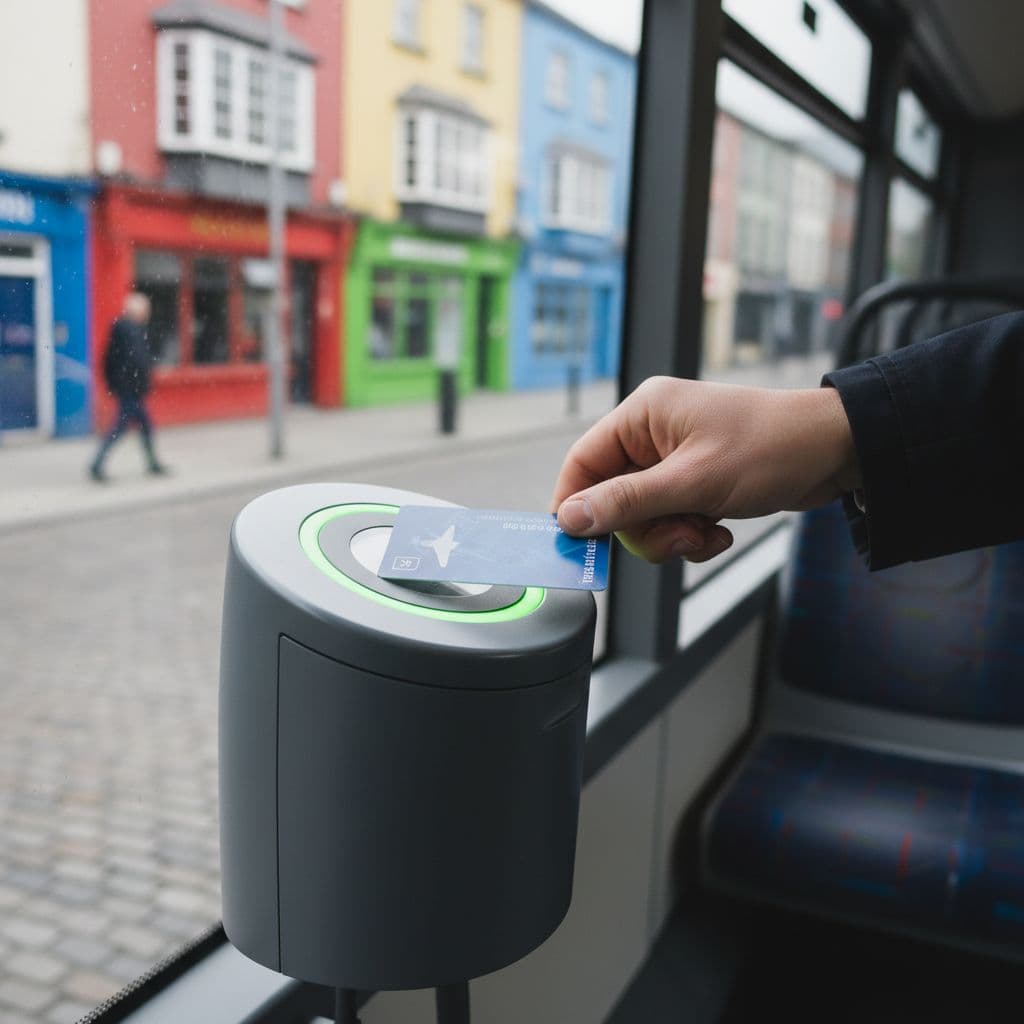 Close-up of hand tapping travel card against bus reader, blurred Irish city street background.