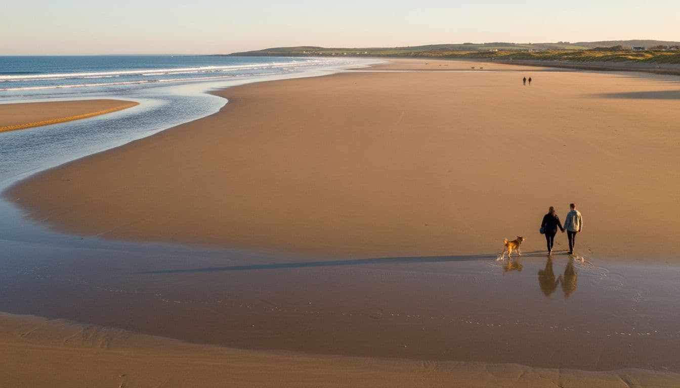 Wide sandy Lahinch Beach in Ireland at low tide features gentle waves receding across firm flat sand stretching 2 km into the distance with a visible river mouth and clear blue Atlantic Ocean. A single family walks far ahead with their dog under soft green hills and golden hour light.