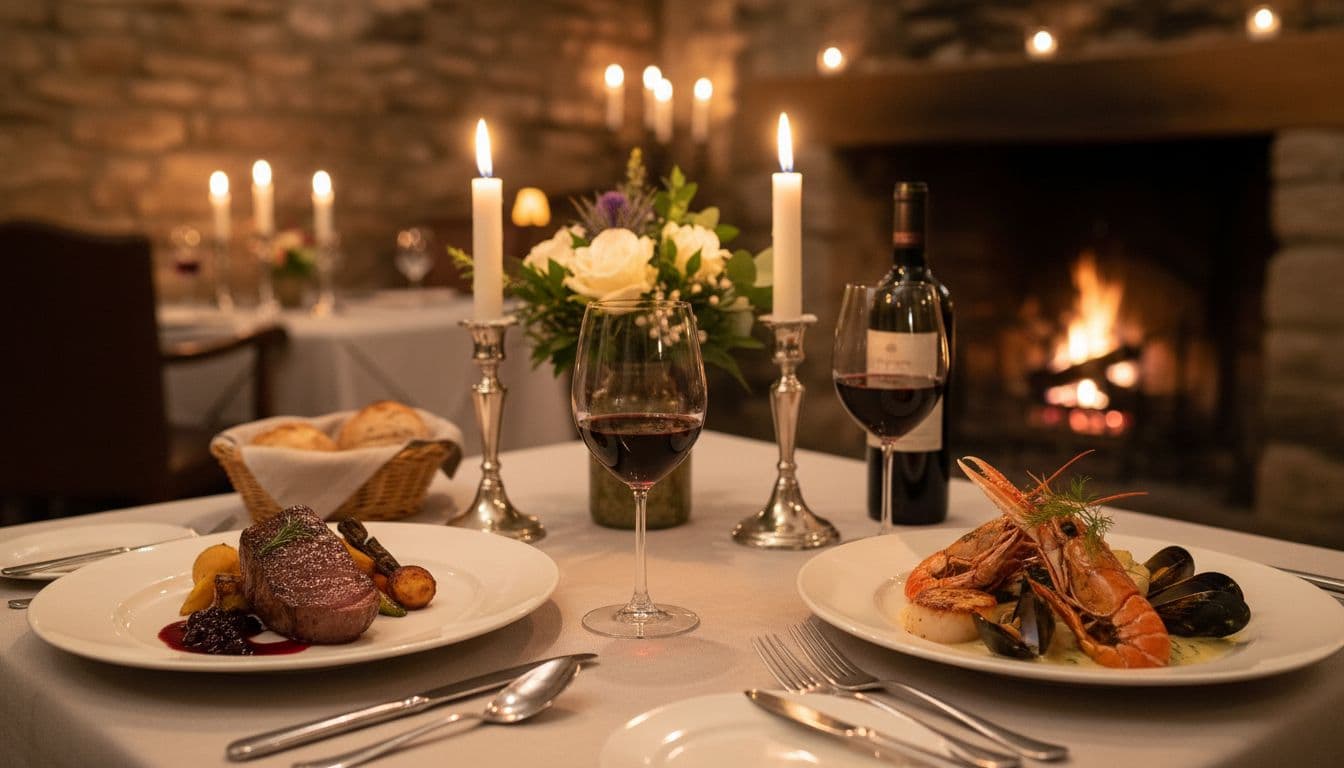 Intimate candlelit dinner table for two in a stone-walled Pitlochry restaurant, featuring Scottish seafood and venison plates, wine glasses, fresh flowers, with soft warm lighting and blurred cozy background.