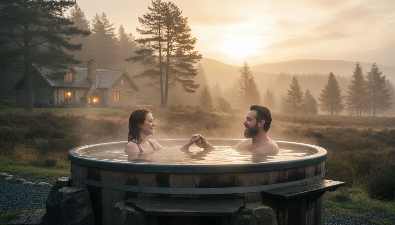 A romantic couple in their 30s holds hands relaxing in a steaming outdoor hot tub at a woodland lodge in Pitlochry, surrounded by misty Scottish pines and hills at dusk with warm golden hour lighting.