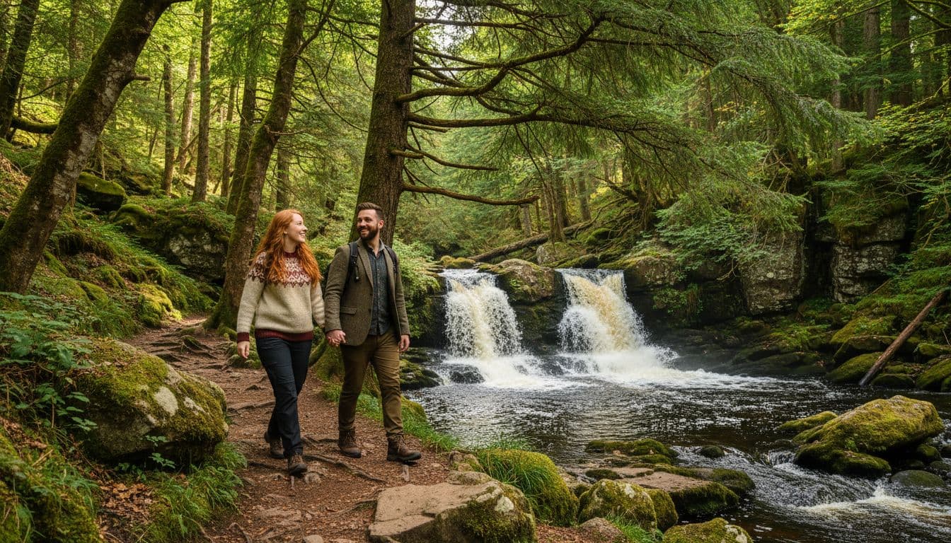 An affectionate couple walks hand-in-hand along a lush forest path near a waterfall in vibrant Scottish woodland, featuring mossy rocks, tall trees, dappled sunlight through the canopy, and dynamic motion captured from a side angle.