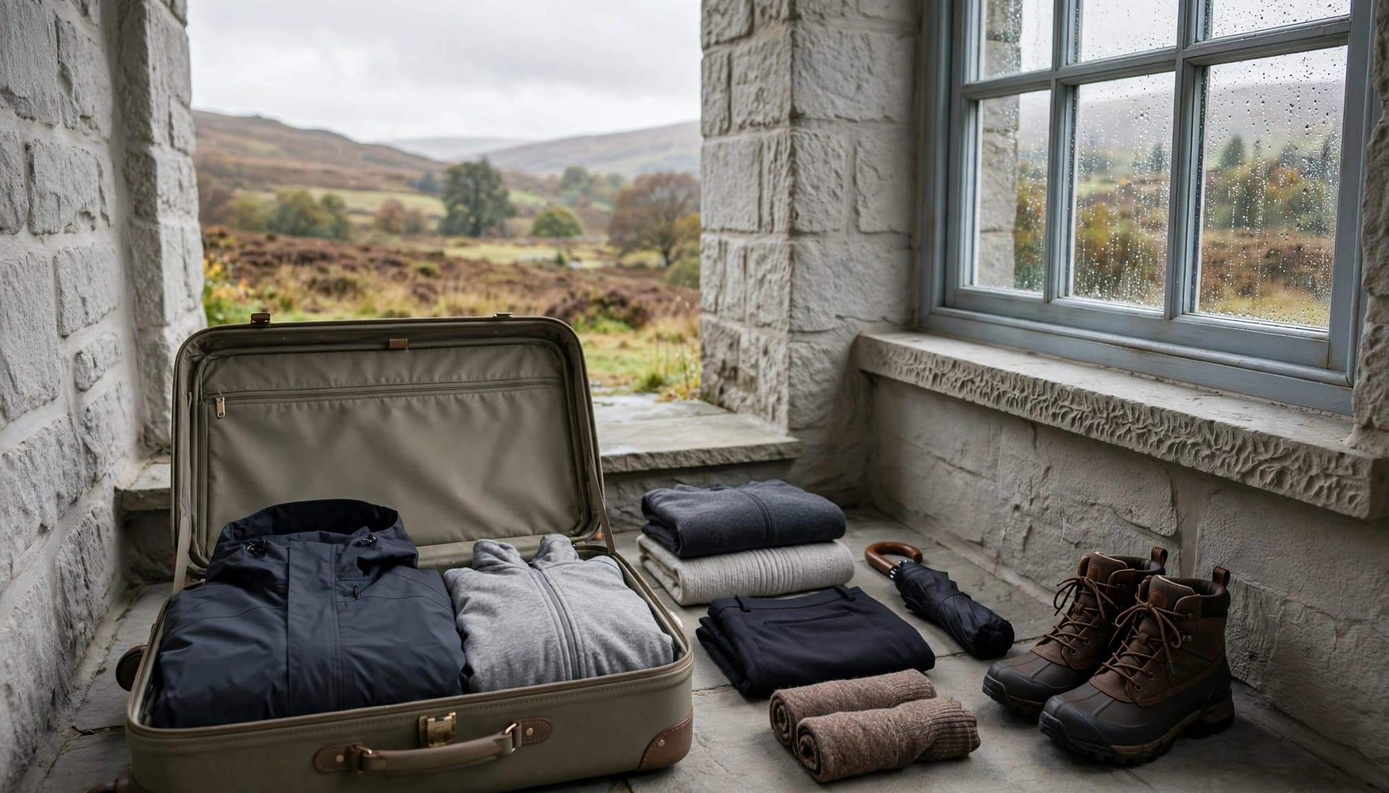 An open suitcase and neatly arranged warm, waterproof clothes sit in a cottage entryway.