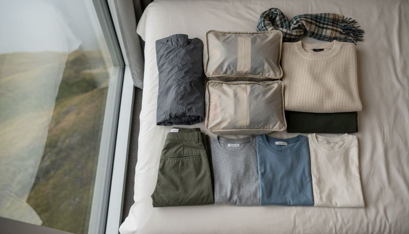 Top-down view of folded rain jacket, merino sweater, quick-dry pants, t-shirts, scarf in packing cubes on bed with rainy hills through window.