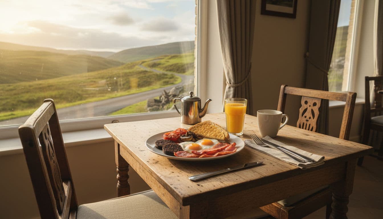 Simple wooden table in cozy Scottish B&B dining room with one plate of eggs, bacon, black pudding, tomatoes, mushrooms, toast, and orange juice; morning light through window over green hills.