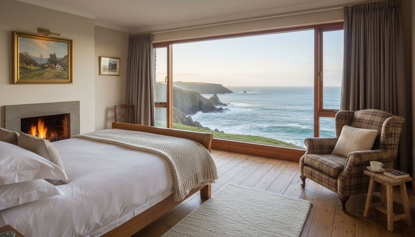 Bedroom with double bed in white linens, wooden floor, armchair by large window showing sea, cliffs, waves.